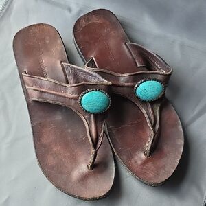Brown Leather Turquoise Concho Thong Sandals J.R. MATTIE SZ 10